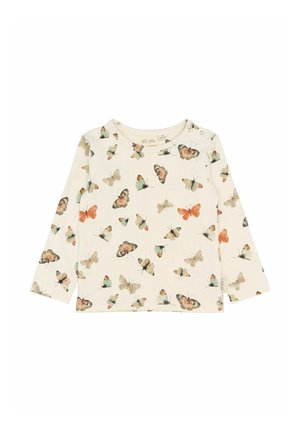 Langemouwige, crèmekleurige blouse met een algehele vlinderprint in verschillende kleuren. Zachte stof met een klassieke ronde halslijn en drukknoopsluiting.