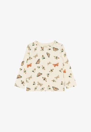 Langemouwige, crèmekleurige blouse met een algehele vlinderprint in verschillende kleuren. Zachte stof met een klassieke ronde halslijn en drukknoopsluiting.