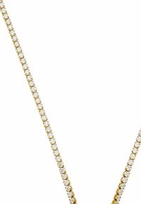 Gouden necklace met een uniforme rij van ronde, heldere kristallen in een klauwzetting, die een sprankelend, glinsterend effect creëert.