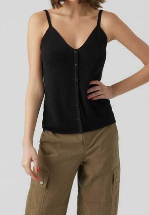 Débardeur noir en tricot côtelé avec des bretelles fines et une fermeture à boutons sur le devant. Il présente un corsage ajusté et une texture lisse.