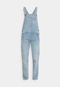 Lichtblauwe denim tuinbroek met verstelbare banden, een voorzak met een logo-patch en zijzakken voor functionaliteit.