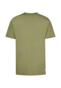 Olive green short-sleeve t-shirt made of soft cotton. Features a crew neck and straight hem. Slightly textured with no visible patterns.
