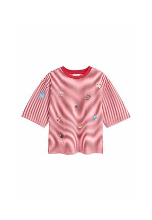 Red and white striped short-sleeve t-shirt with small summer-themed embroidered patches and a red crew neckline.