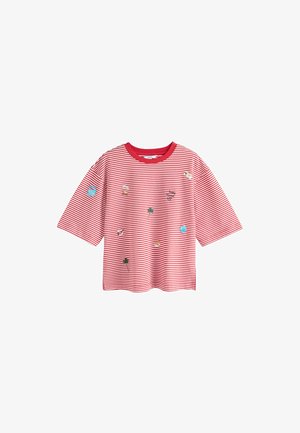 Red and white striped short-sleeve t-shirt with small summer-themed embroidered patches and a red crew neckline.