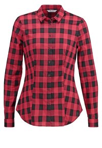 Camicia a maniche lunghe a scacchi rossi e neri, realizzata in tessuto leggero, con colletto a punta e chiusura frontale con bottoni.