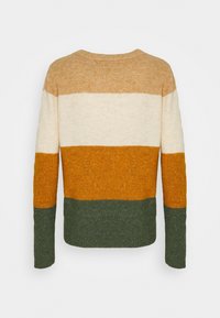 Pull en maille à col rond, présentant des rayures horizontales en beige, moutarde, orange et vert foncé. Texture douce, coupe décontractée.