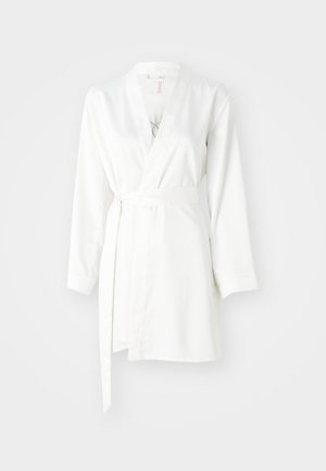 White, fabric robe featuring long sleeves, a wrap design, and a tied belt at the waist. Smooth texture with a minimalist aesthetic.