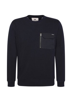 Navy blue sweatshirt with a rounded neckline, long sleeves, and a chest pocket featuring a zip closure and textured fabric.