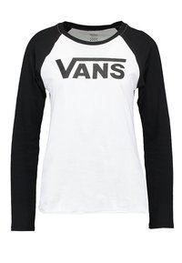 Dlouhý rukáv košile s černými raglánovými rukávy a bílou tělesnou částí. Velké černé logo "VANS" tištěné na přední části. Bavlněný materiál s hladkou texturou.