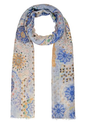 Écharpe légère avec des motifs circulaires complexes en bleu, orange et vert et des bords effilochés, nouée lâchement en haut.