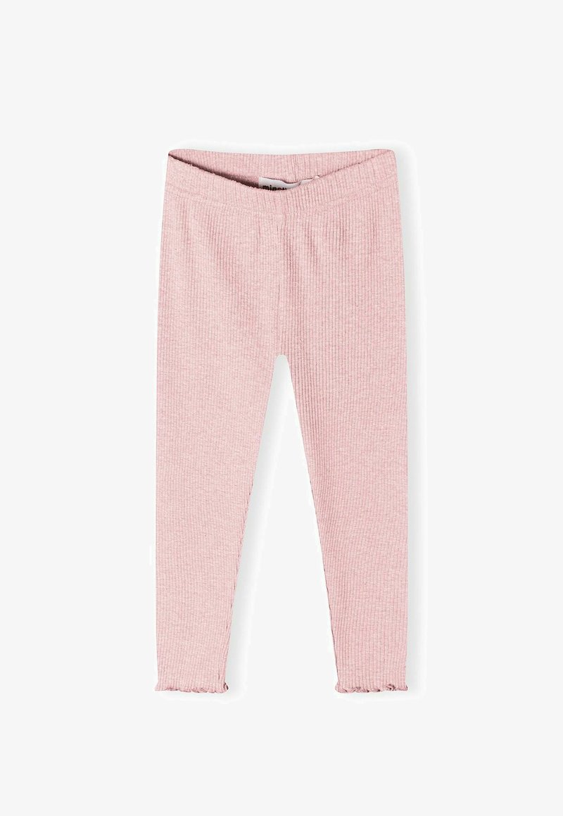 Leggings côtelés rose clair avec une taille élastique et un ourlet effiloché. Fabriqués en tissu doux, adaptés pour un usage décontracté ou pour le superposition.