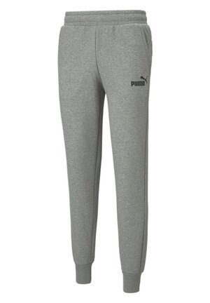 Graue Puma Jogginghose mit elastischem Bund, Seitentaschen und Logo am oberen linken Oberschenkel.