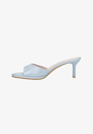 Light blue open-toe mule with a mid-height stiletto heel and padded leather upper, displayed on a white background.