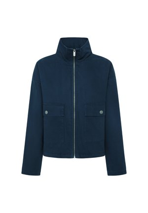 Marineblaue kurz geschnittene Jacke mit hohem Kragen, Frontreißverschluss, zwei Brusttaschen und Druckknopfverschluss an den Taschen. Sanfte Stoffstruktur.