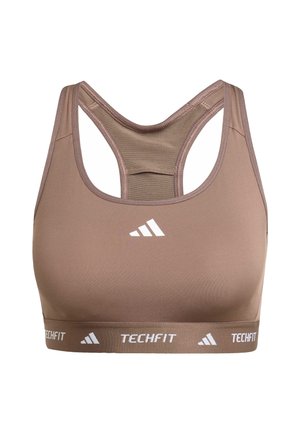 Hnědá sportovní podprsenka s hladkým povrchem, designem s ušima na zádech a bílým logem "TECHFIT" na pásku. Obsahuje jednoduché švy a žádné vzory.