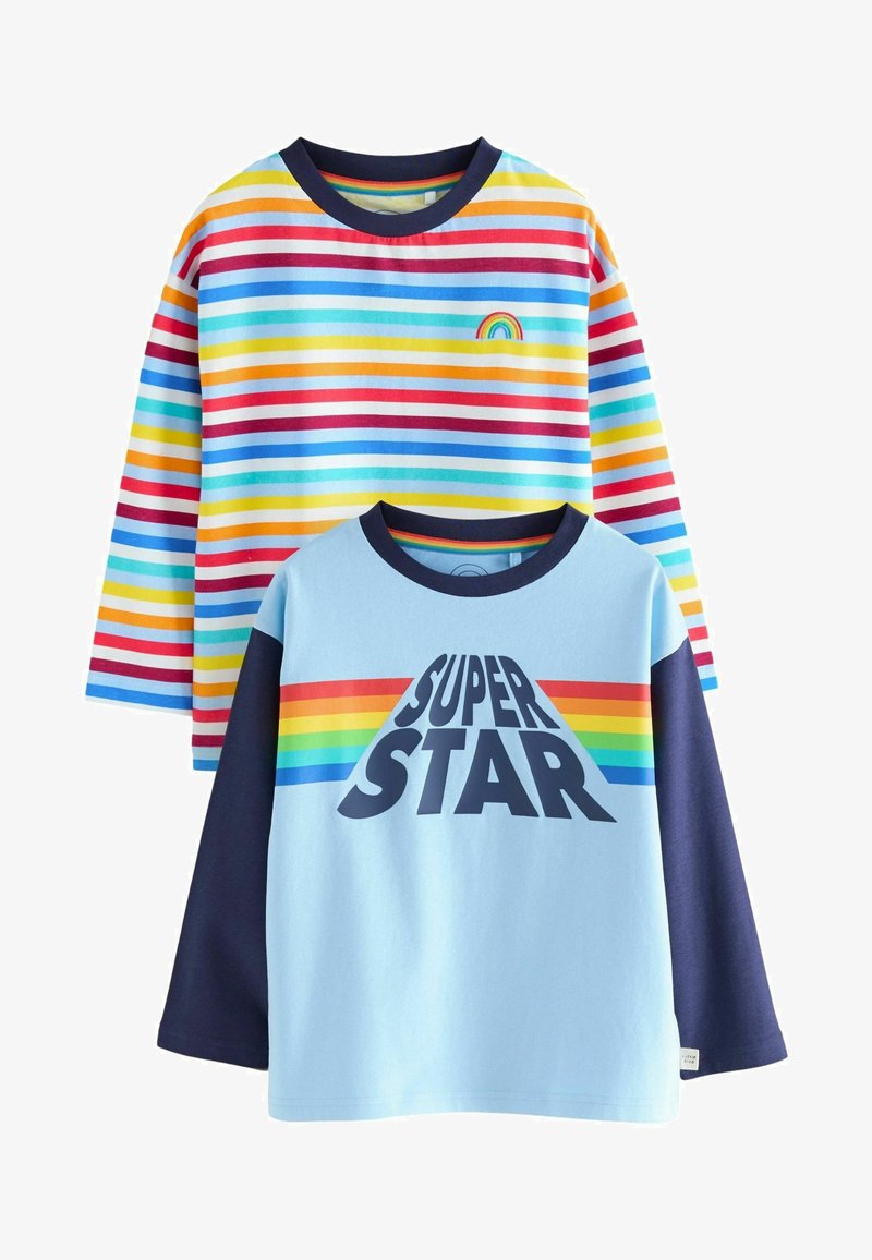 Two long-sleeve T-shirts; one is multicolored striped with a small rainbow, the other is light blue with "SUPER STAR" in bold lettering.