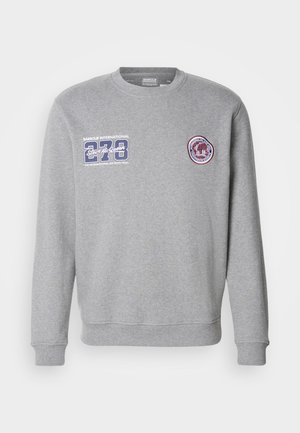 Sweatshirt cinza com decote redondo, apresentando um logótipo gráfico e um patch redondo no peito. Feito de um tecido macio e ligeiramente texturizado.