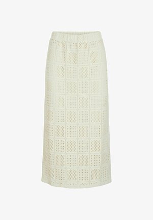 Spódnica do kolan w kremowym kolorze, charakteryzująca się teksturowanym wzorem w otwartą siatkę, elastycznym paskiem w talii oraz prostym krojem. Lekka tkanina.
