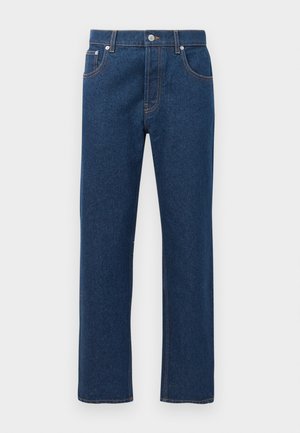Jeans de ganga azul escuro de perna reta com bolsos frontais e traseiros, passadores de cinto, fecho de botão e costura laranja visível.