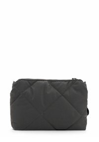 Quilted gray nylon pouch with a rectangular shape, featuring a zipper closure, subtle stitching accents, and a smooth texture.