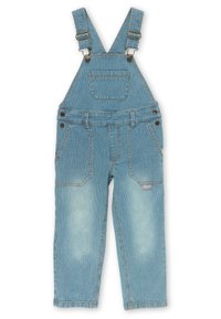 Salopette en denim bleu clair à rayures avec bretelles réglables, poche avant et deux poches latérales. Texture douce avec des accents décolorés.