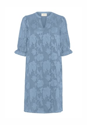 Hellblaues Kleid mit floraler Stickerei, V-Ausschnitt, Puffärmeln und einem lockeren Schnitt mit leicht ausgestellt gespleißtem Saum.