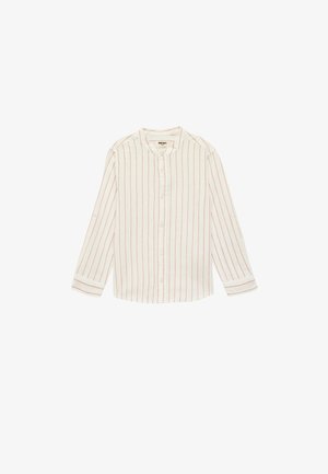 Weißes Langarmhemd mit dünnen vertikalen roten Streifen, durchgeknöpft und mit Stehkragen.