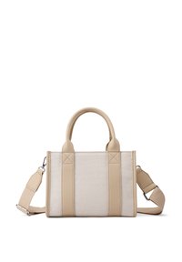 Borsa a tracolla in tela beige con doppi manici superiori, tracolla removibile e dettagli in pelle a contrasto. Presenta pannelli testurizzati e dettagli di cucitura.