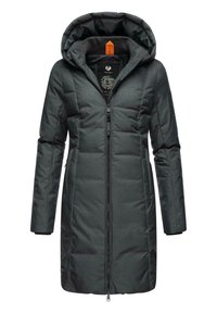 Mörkgrå vadderad jacka med huva, långa ärmar och dragkedja fram. Har ribbade manschetter och två sidofickor. Slät, texturerad tyg.