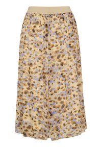 Pitsitettu midi-hame kevyestä, läpinäkyvästä kankaasta, jossa on beige vyötärö. Hameessa on beige- ja laventelinvärinen pilkkukuosi ympäriinsä.