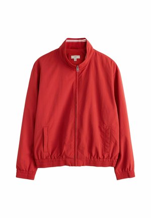 Red zip-up jacket with stand collar, elastic cuffs and hem, and two side pockets, displayed against a white background.