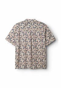 Short-sleeve shirt featuring a cream, navy, and pink floral pattern, with a collar and a relaxed fit design.