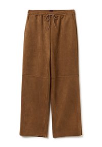 Pantalons larges marron en matériau doux, dotés d'une taille élastique avec un cordon de serrage et de coutures visibles. Texture lisse.