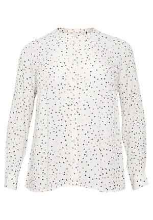 Long-sleeve button-up shirt in light fabric, featuring a white background with black, pink, and brown dot pattern, and a rounded collar.