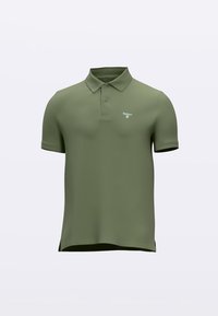 Olivově zelené polo tričko z hladké látky, s tradičním límečkem, dvěma knoflíky a malým bílým logem na levé straně hrudi.