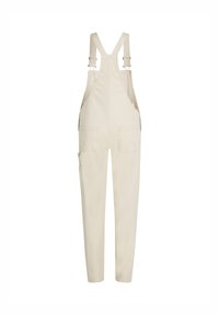 Light beige overalls made of cotton with adjustable straps and side pockets; features a relaxed fit with reinforced stitching.