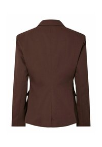 Blazer marron avec une coupe ajustée, des revers à cran, des manches longues et une texture lisse. La vue arrière montre un design minimaliste sans détails supplémentaires.