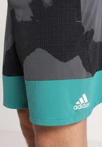 Sportovní šortky Adidas s šedým a modrozeleným designem, zdobené strukturovaným vzorem a bílým logem na levé dolní straně.