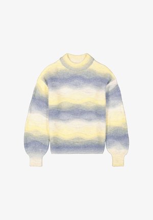 Zacht gebreid trui met golvende horizontale strepen in pastelgeel, blauw en wit, met een hoge ronde halslijn en ribgebreide manchetten.