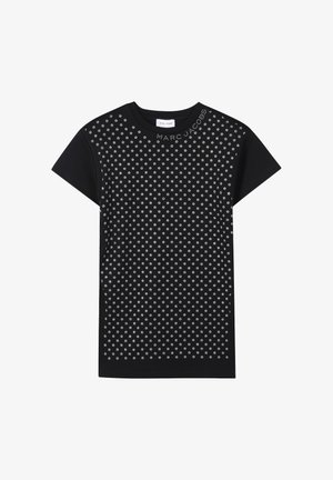 Zwarte katoenen T-shirt met korte mouwen, voorzien van een studded bloemenpatroon en "MARC JACOBS" tekst langs de schouder. Casual pasvorm.