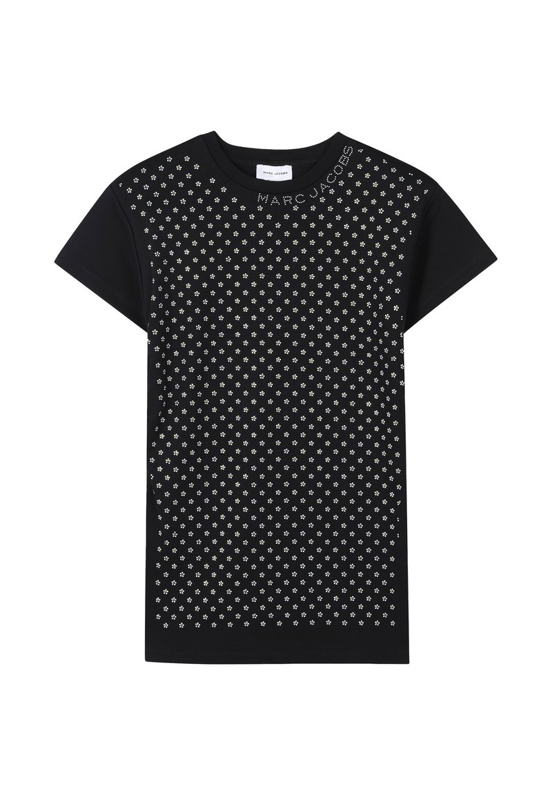 T-shirt en coton noir à manches courtes, présentant un motif floral clouté et le texte "MARC JACOBS" le long de l'épaule. Coupe décontractée.