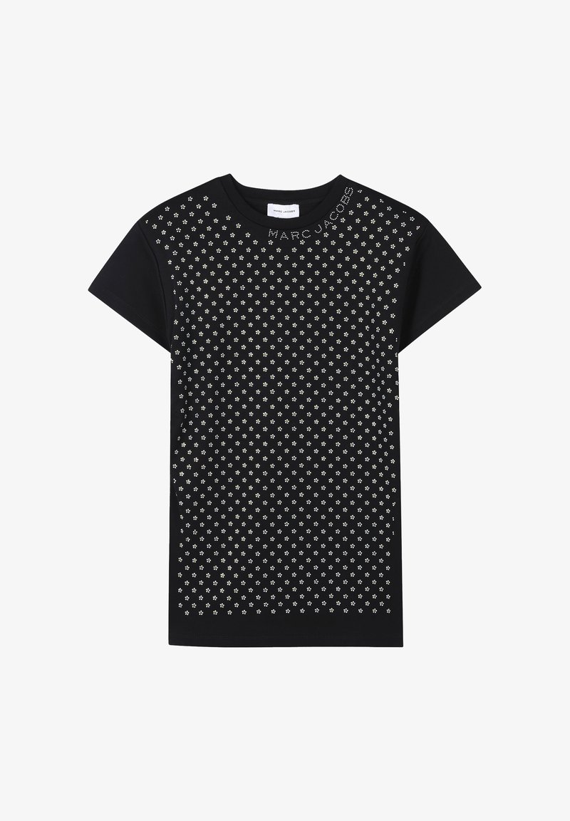 T-shirt en coton noir à manches courtes, présentant un motif floral clouté et le texte "MARC JACOBS" le long de l'épaule. Coupe décontractée.