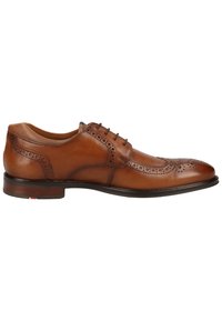 Braune Lederhalbschuhe mit Brogue-Details, Schnürdesign, rundem Zehenbereich und glatter Textur; أكzentuiert durch einen kontrastierenden Absatz.