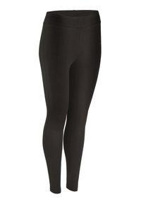 Leggings neri realizzati in tessuto elasticizzato, con una texture liscia e una vita alta, progettati per una silhouette aderente.