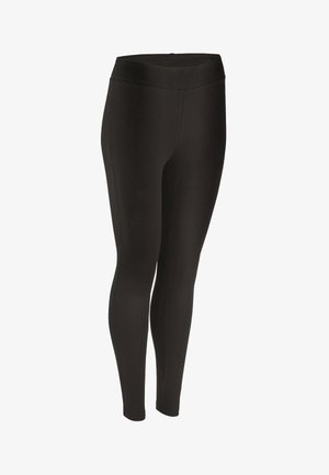 Leggings neri realizzati in tessuto elasticizzato, con una texture liscia e una vita alta, progettati per una silhouette aderente.