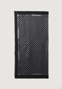 Sort og grå tørklæde med et houndstooth-mønster, kantet med en sort kant, der viser "Karl Lagerfeld"-logoet. Blød tekstur.