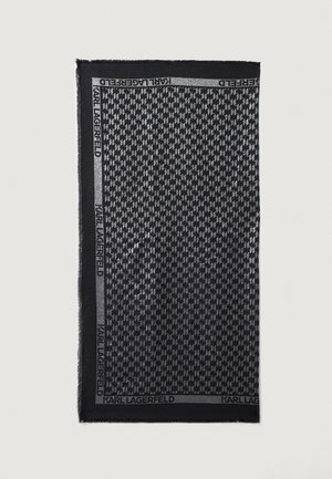 Sort og grå tørklæde med et houndstooth-mønster, kantet med en sort kant, der viser "Karl Lagerfeld"-logoet. Blød tekstur.