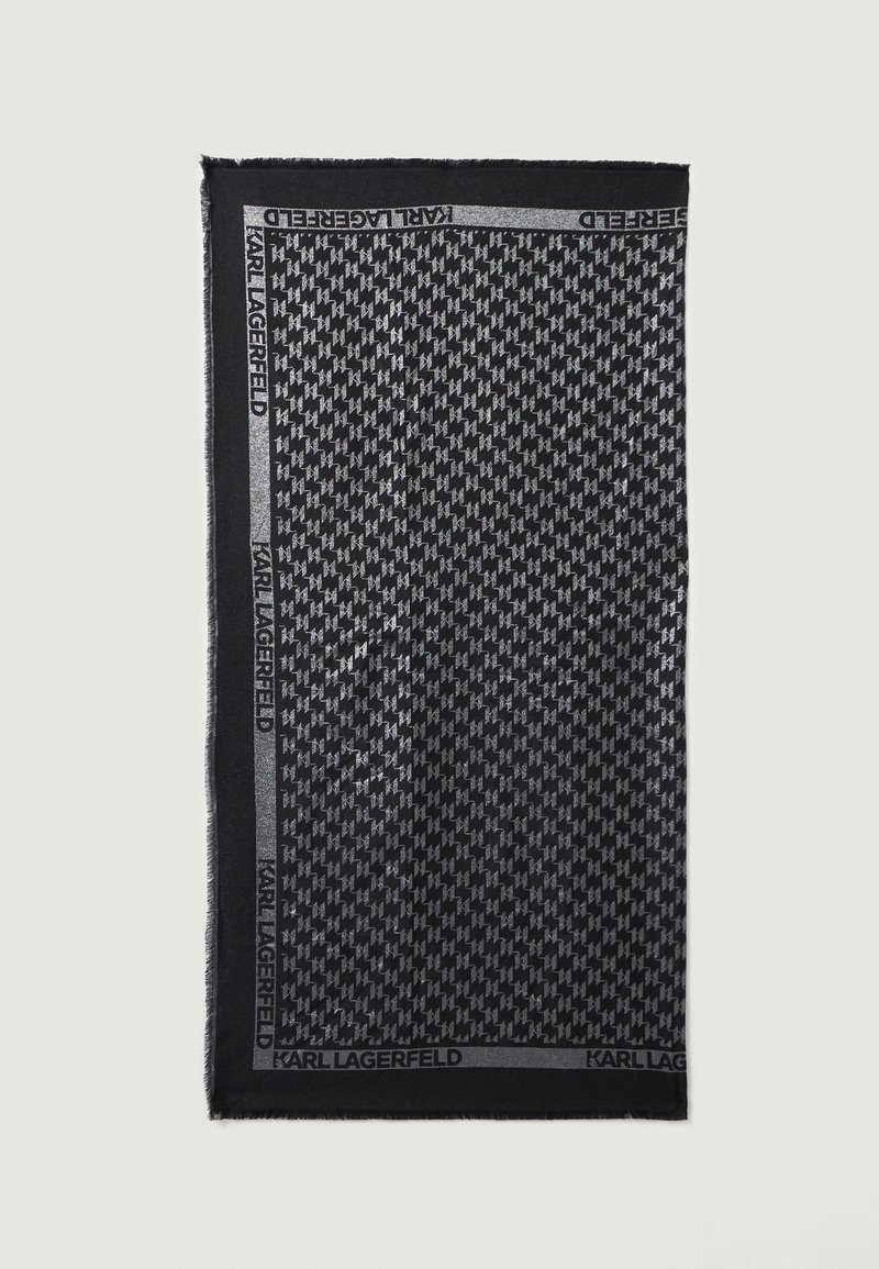 Sort og grå tørklæde med et houndstooth-mønster, kantet med en sort kant, der viser "Karl Lagerfeld"-logoet. Blød tekstur.