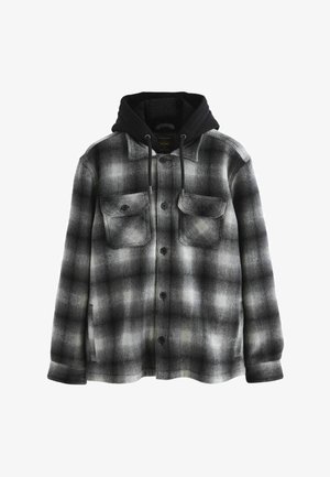 Juostuota flanelinė marškinė juodos ir pilkos spalvų su nuimamu juodu gobtuvu. Pasižymi priekinėmis mygtukų uždarymo detalėmis ir dviem krūtinės kišenėmis. Minkšta tekstūra.