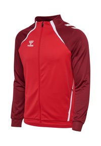 Red full-zip sports jacket with burgundy sleeves, white trim, zippered side pockets, and hummel logo on the chest.